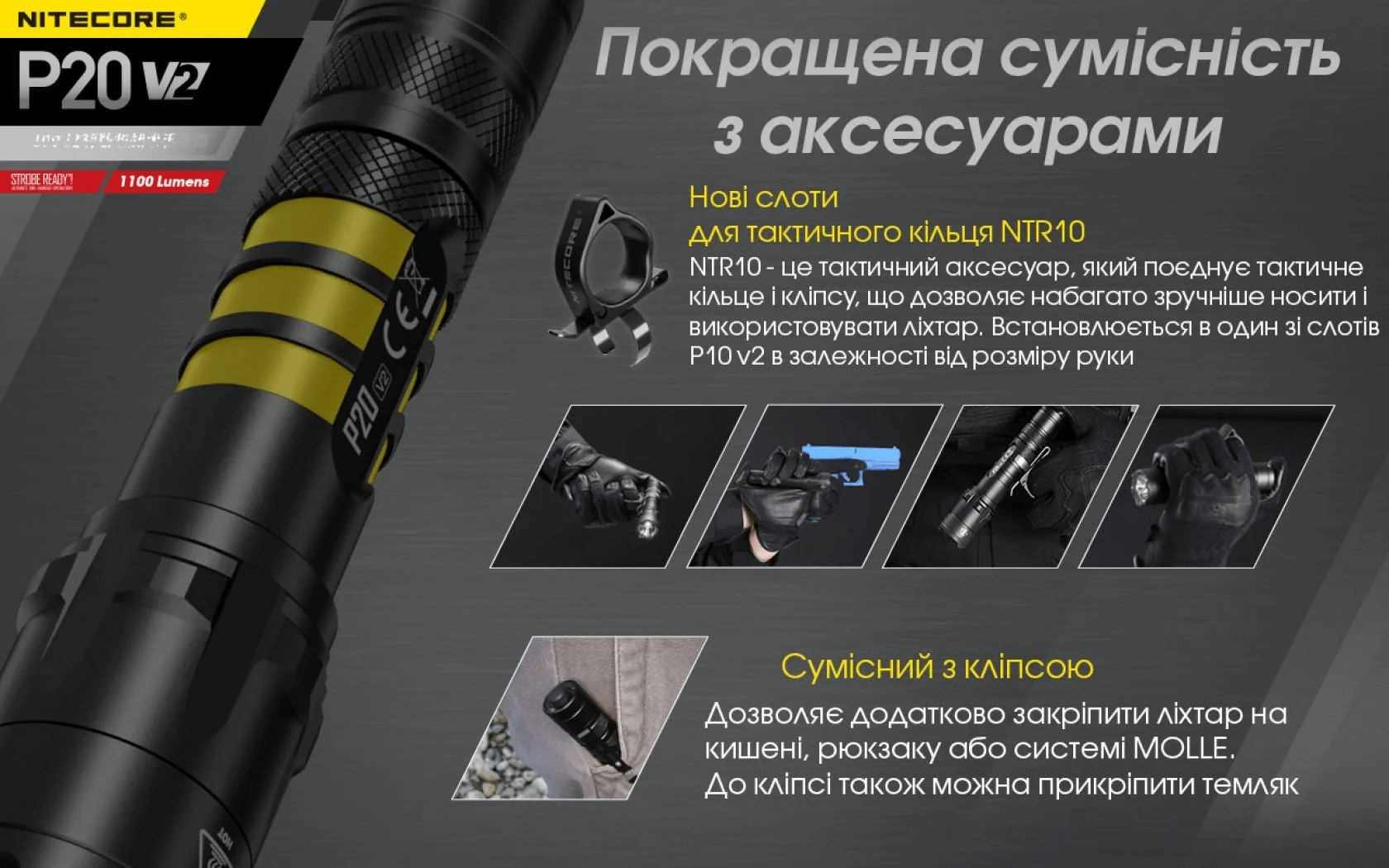 Тактический фонарь Nitecore P20 V2 (CREE XP-L2 V6, 1100 люмен, без аккумулятора) - фото 23