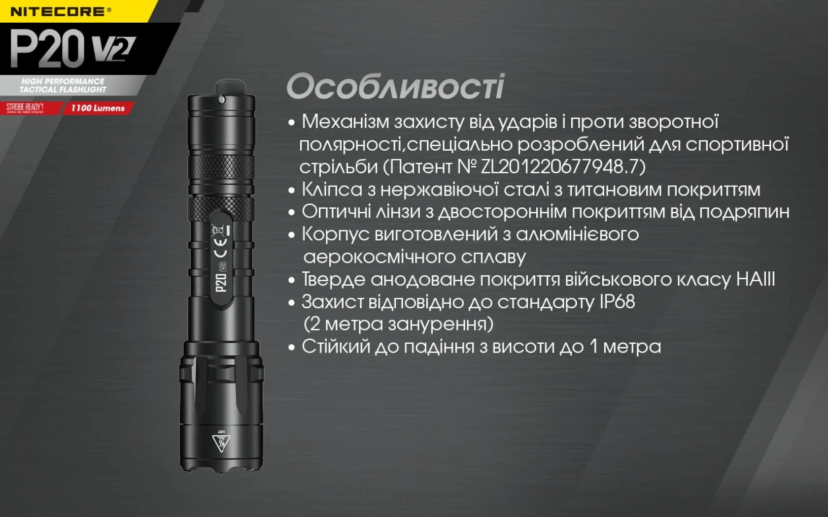 Тактический фонарь Nitecore P20 V2 (CREE XP-L2 V6, 1100 люмен, без аккумулятора) - фото 26