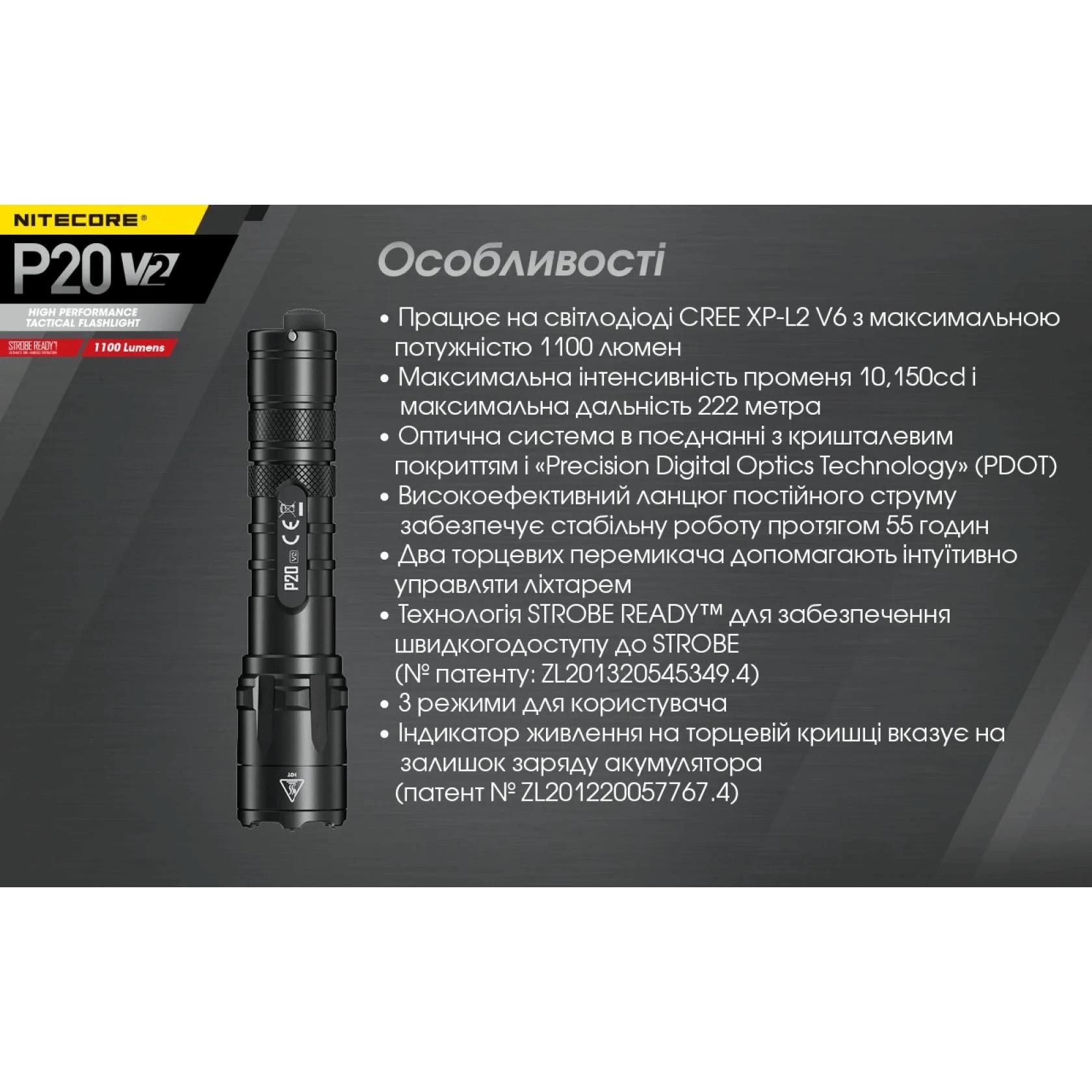 Фонарь тактический Nitecore P20 v2 (Сree  XP-L2 V6, 1100 люмен, без аккумулятора) - фото 16