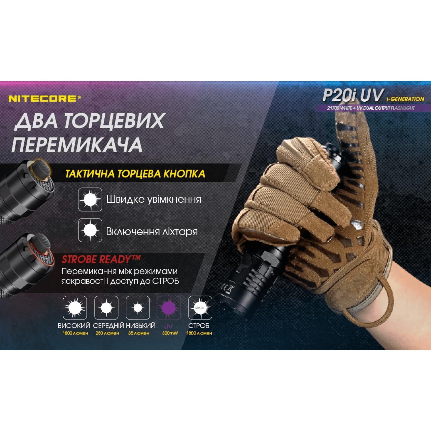 Фонарь тактический Nitecore P20i UV (Luminus SST-40+4xUV, 1800 люмен, с аккумулятором) - фото 14
